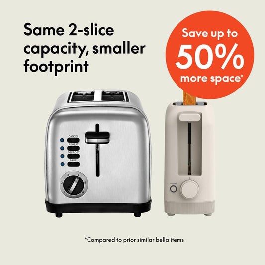 bella 2 Slice Slim Toaster, Fits-anywhere Kitchenware, 6 Setting Shade Control with Reheat & Cancel Buttons, Fits sourdough, 10 Long