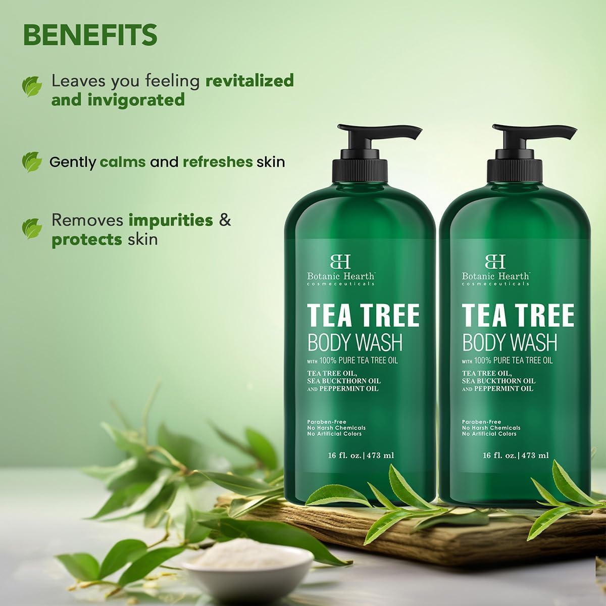 Botanic Hearth Tea Tree Body Wash 16 fl oz (2 Pack) Natural Antifungal & Odor Control Shower Gel for Acne, Athletes Foot, Ringworm, Jock