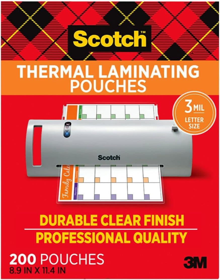 Scotch Thermal Laminating Pouches, 200 Count, Clear, 3 mil., Ideal Office or School Supplies, Fits Letter Sized Paper (8.9 in. 11.4 in.)