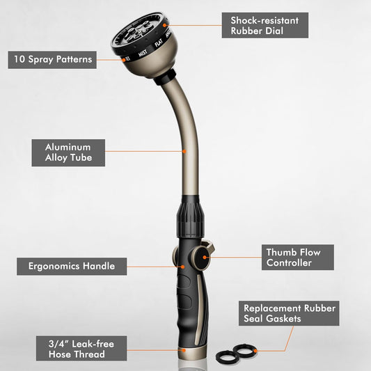 RESTMO Watering Wand Heavy Duty, Metal Garden Hose Wand with 10 Spray Patterns, 15-Inch Long Hose Nozzle Sprayer with Thumb Flow