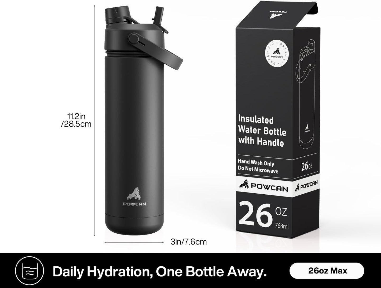 POWCAN 26 oz Insulated Water Bottle with 2-in-1 Straw and Spout Lid, Keep Cold 24H, Leak-Proof, Fits in Car Cup