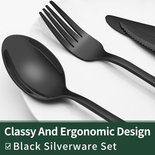 EWFEN 24-Piece Black Silverware Set with Steak Knives, Black Flatware Set for 4, Food-Grade Stainless Steel Tableware Cutlery