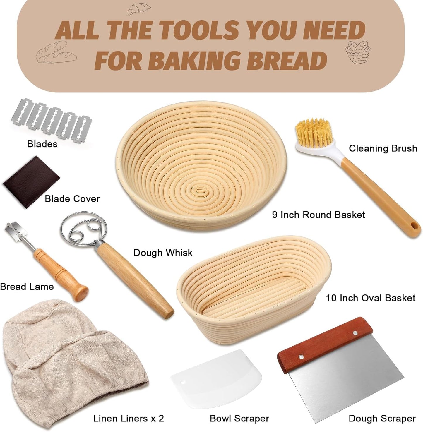 Sourdough Proofing Basket Gift Set, 9" Round and 10" Oval Banneton Bread Baking Supplies, Sourdough Baskets with Bread Lame, Danish