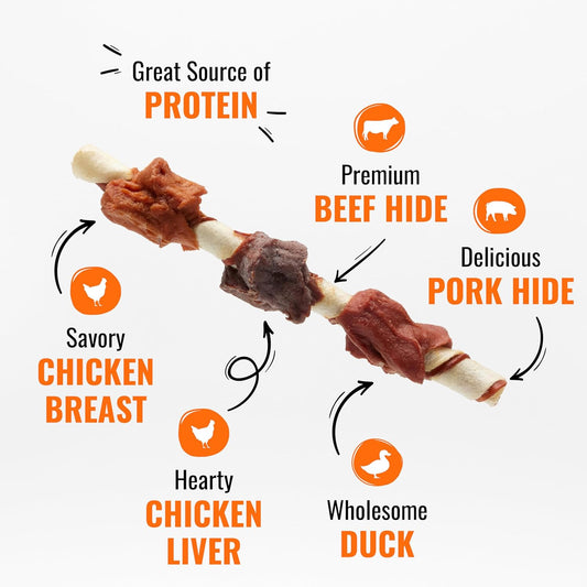 Good n Fun Triple Flavor Kabobs Chews for All Dogs, 24 Ounces, Treat Your Dog to Long-Lasting Chews Made from Beef Hide, Real Chicken, Pork