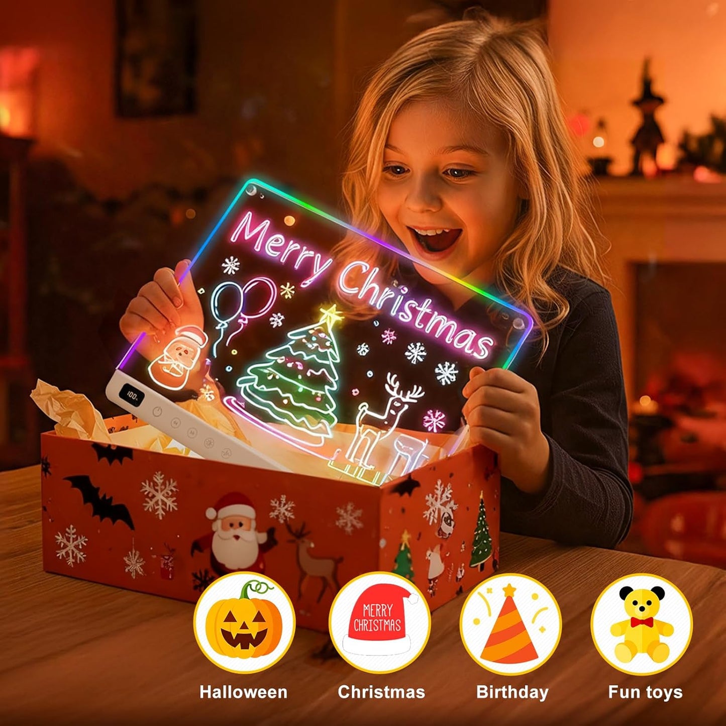 Led Drawing Board with 13 Light Effects, 16" Rechargeable Glow Doodle LED Note Board with