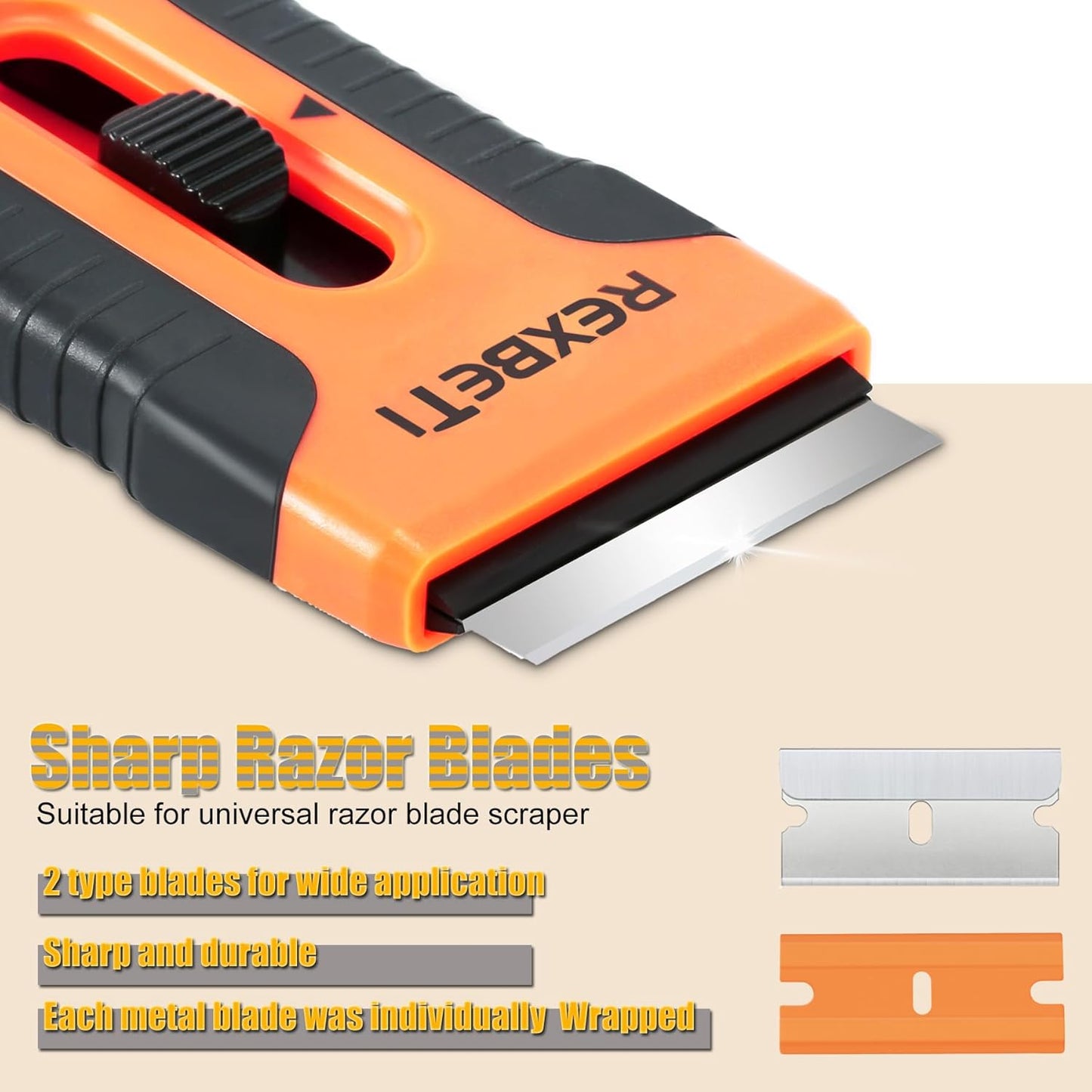 REXBETI Razor Blade Scraper Tool, 2 Pack Razor Scraper Set with Extra 80Pcs Razor Blades -30Pcs Metal and 50Pcs Plastic Blades, Cleaning Scraper
