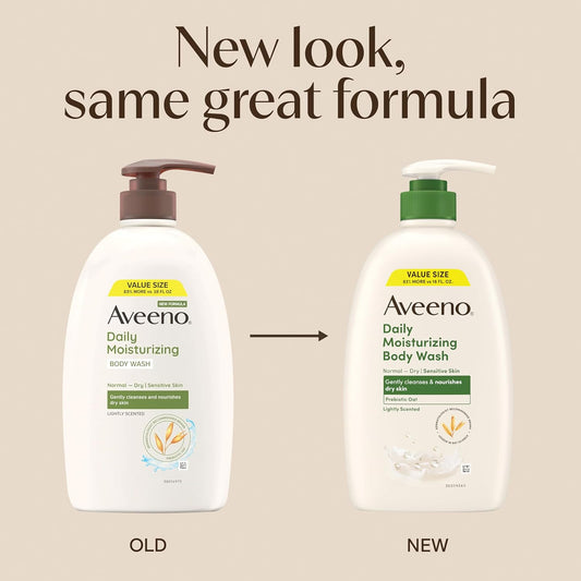 Aveeno Daily Moisturizing Body Wash for Dry & Sensitive Skin + Prebiotic Oat, Body Wash Gently Cleanses & Nourishes Dry Skin, Lightly