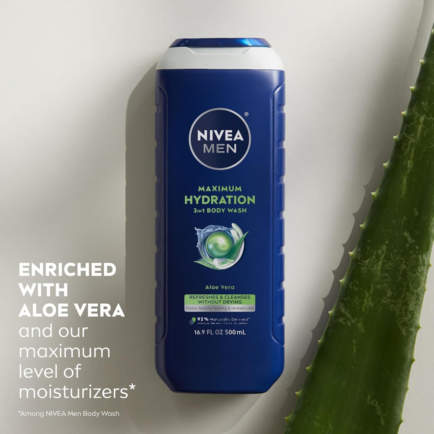 NIVEA MEN Maximum Hydration Body Wash for Dry Skin, Aloe Vera Enriched, 3-in-1 Moisturizing Body Wash, Face and Hair, Paraben Free, Vegan
