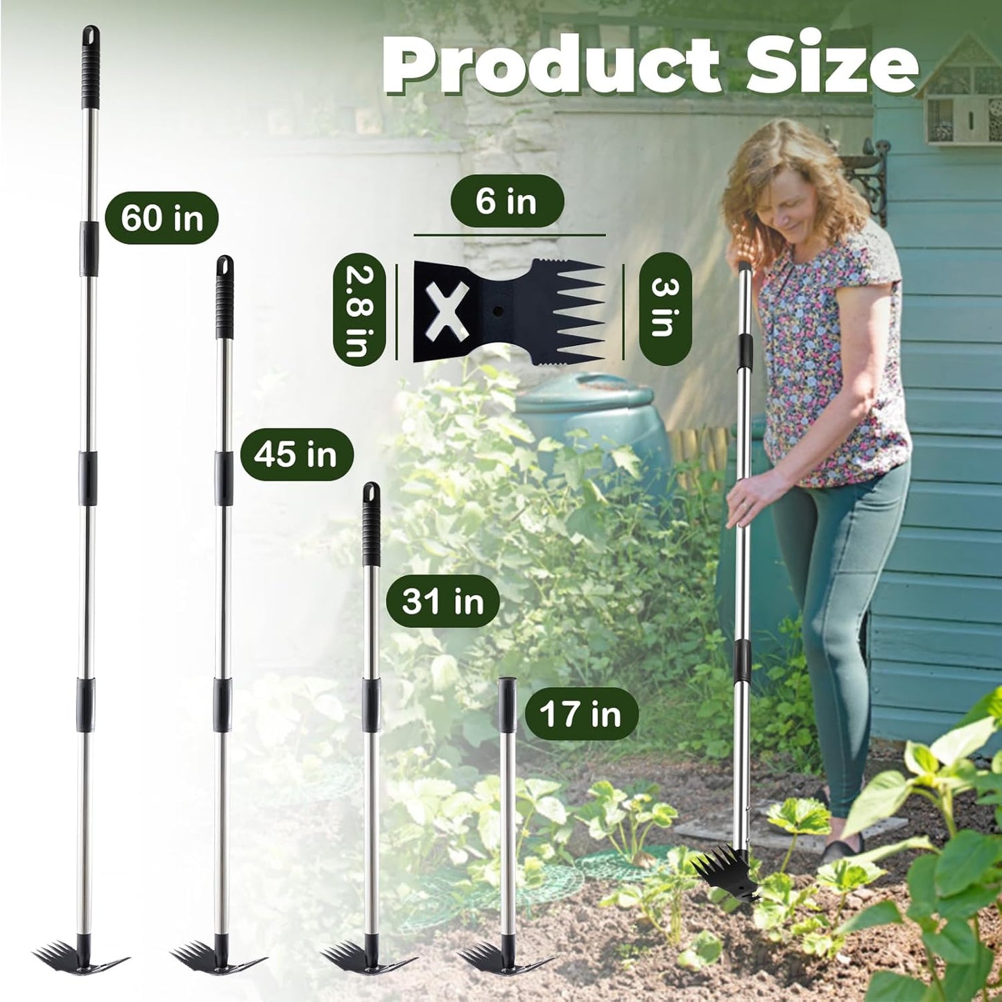 NICOFPHY Weed Puller Tool with Long Handle - 60" Manual Weeder Remover Tool, 2 in 1 Hand Weed Rake and Garden Hoe for