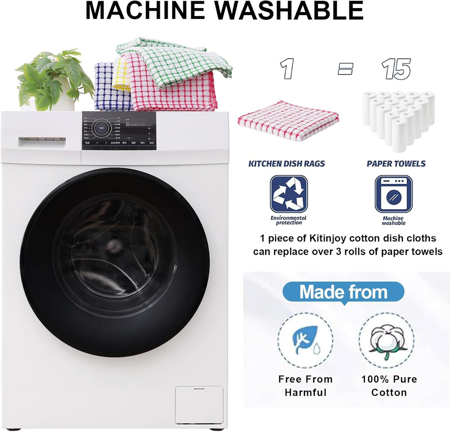 Kitinjoy Cotton 8 Pack Terry Kitchen Dish Cloths, 12 x 12 Inches Super Soft and Absorbent Dish Rags, Quick Drying Dish Towels for Washing