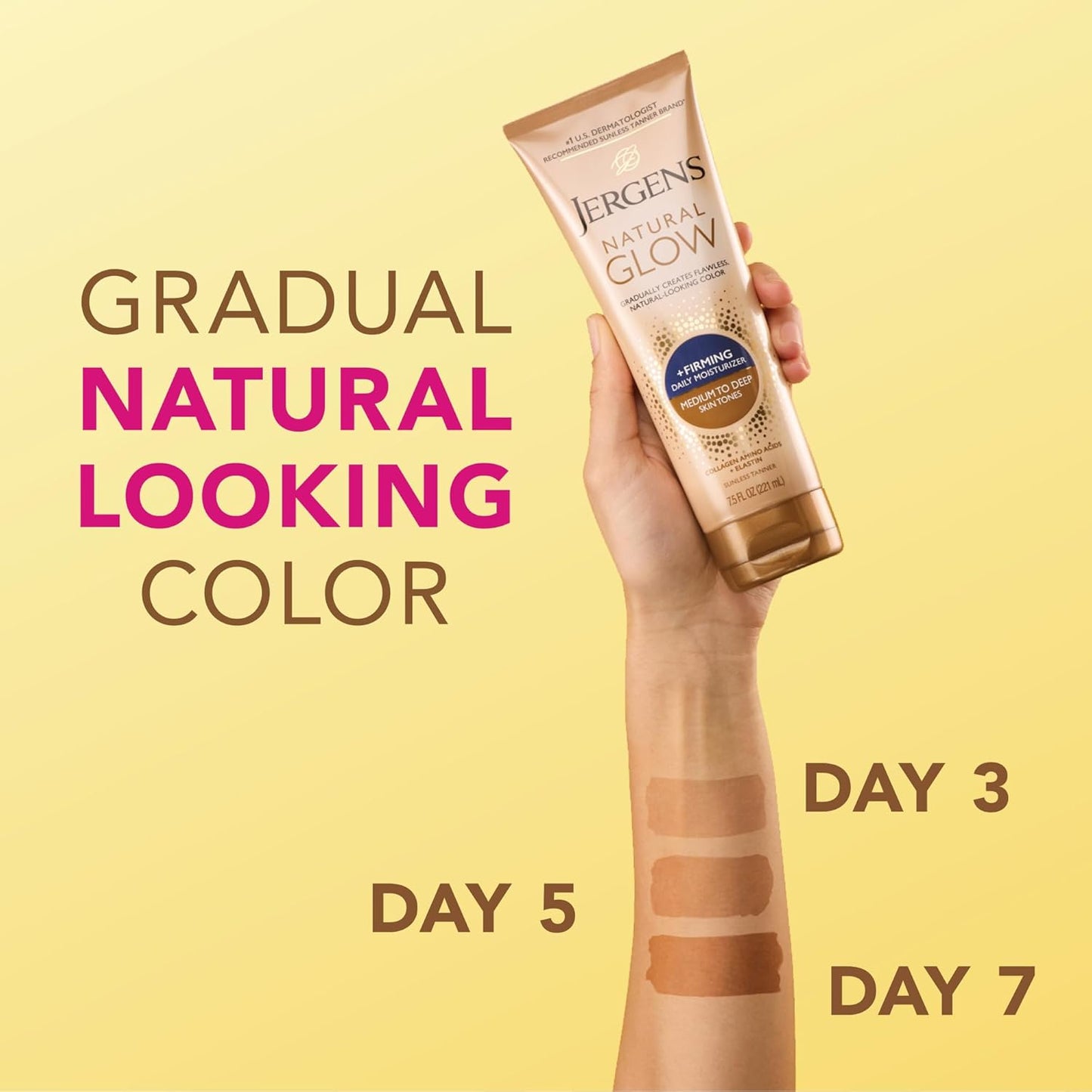 Jergens Natural Glow +Firming Self Tanner Body Lotion, Medium to Deep Skin Tone, Sunless Tanning Moisturizer with Collagen and