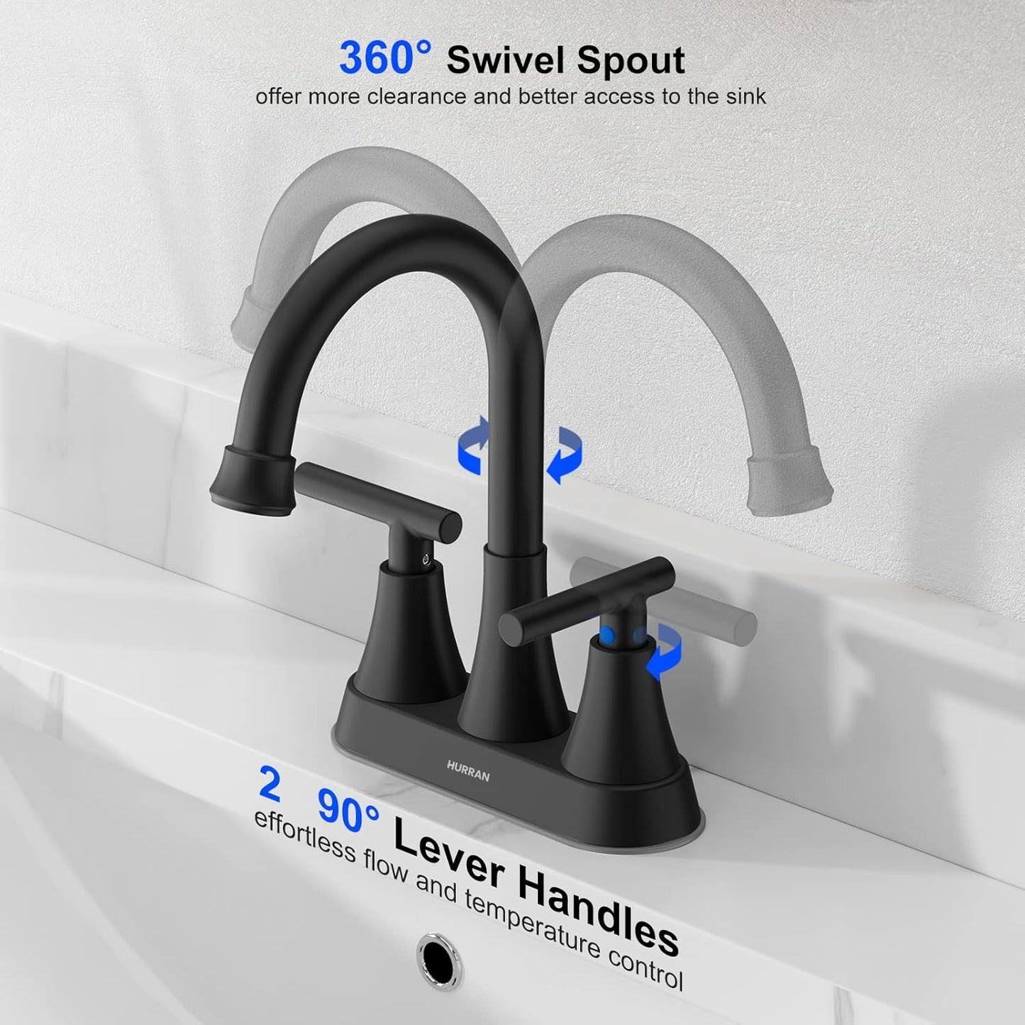 Bathroom Faucets for Sink 3 Hole, Hurran 4 inch Matte Black with Pop-up Drain and 2 Supply
