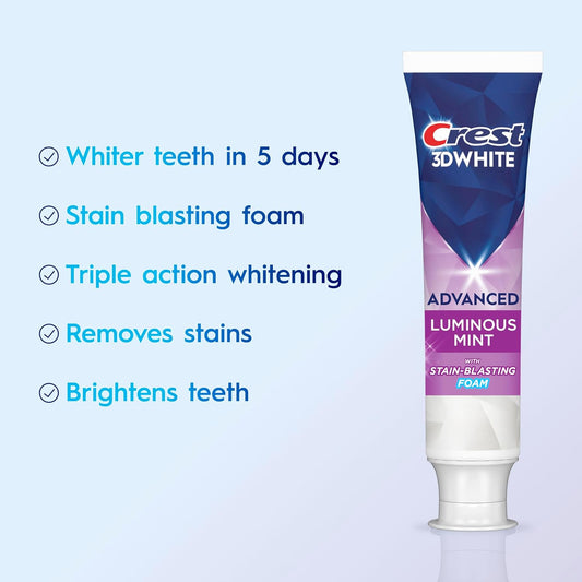 Crest 3D White Advanced Luminous Mint Teeth Whitening Toothpaste, Crest Toothpaste, 3.7 oz Pack of 4 - Helps Remove Surface Stains, Whitens