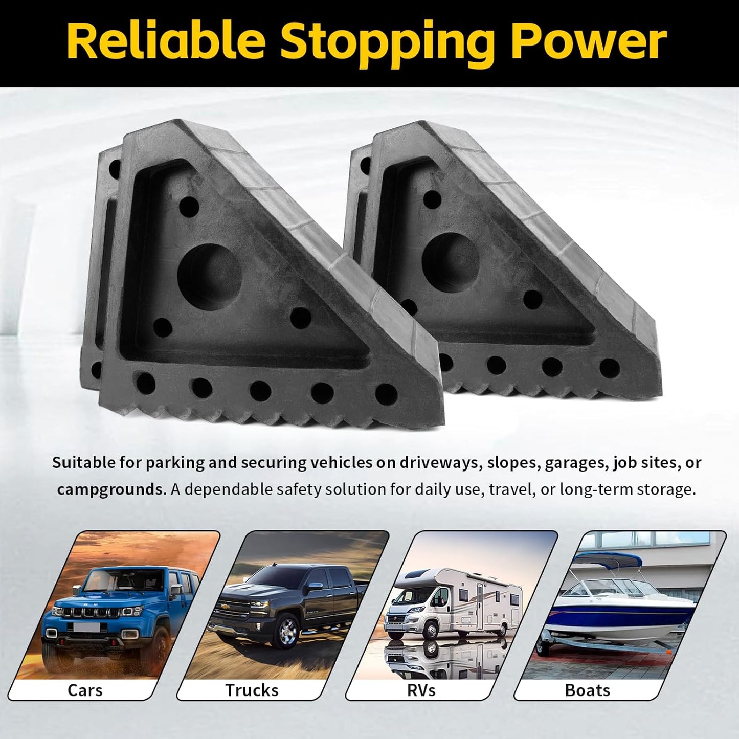 MaxxHaul Solid Rubber Wheel Chock 2-Pack, 8" x 4" x 6" Heavy-Duty Tire Stop, Non-Slip Traction Pads, Built-In Handle, All-Weather Vehicle Safety Block
