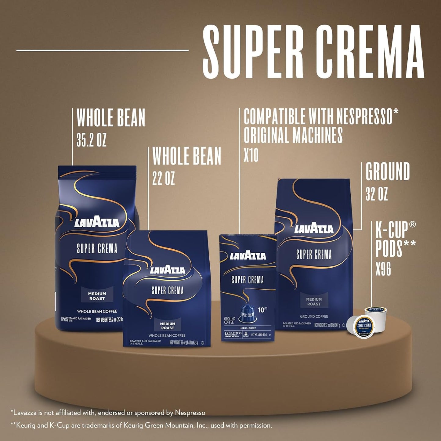 Lavazza Super Crema Whole Bean Coffee, Medium Espresso Roast, Arabica and Robusta Blend, 2.2 lb Bag, Package May Vary
