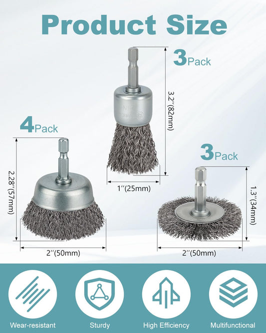 10 Pcs Wire Brush for Drill, Coarse Carbon Steel Crimping Wire Wheel Brush, 1/4 Inch Hex Shank, Cup Brush Drill Bit for Cleaning