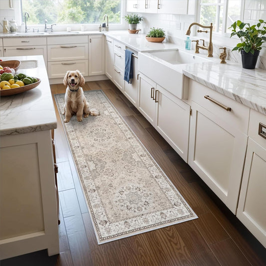 2x6 Hallway Washable Runner Rug : Vintage Soft Kitchen Laundry Runner with Non Slip Backing Farmhouse Entryway Living Room Floor Mat Stain Resistant