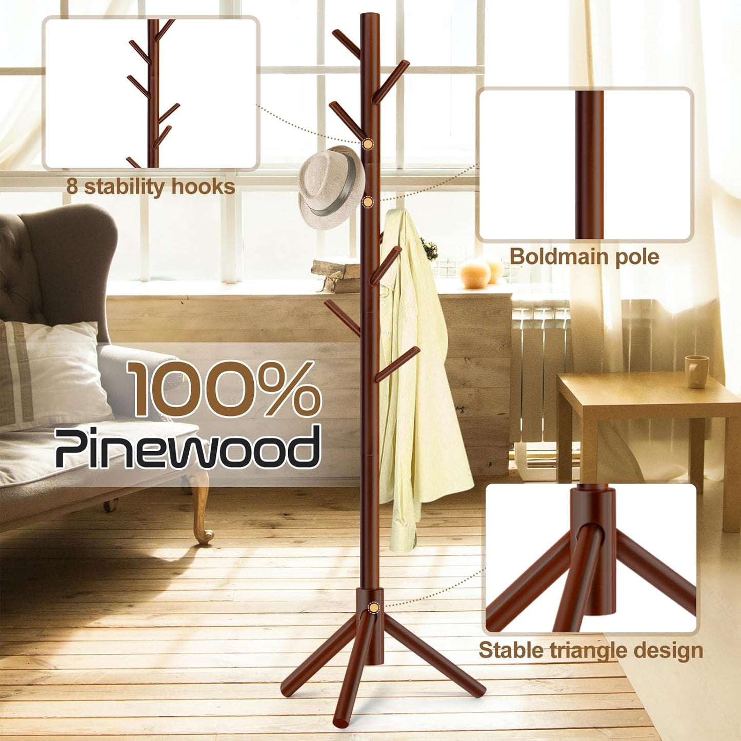 Solid Wooden Coat Rack Freestanding, New Zealand Pine Coat Tree with 8 Hooks & 3 Adjustable Sizes for Coats, Hats, Handbags and