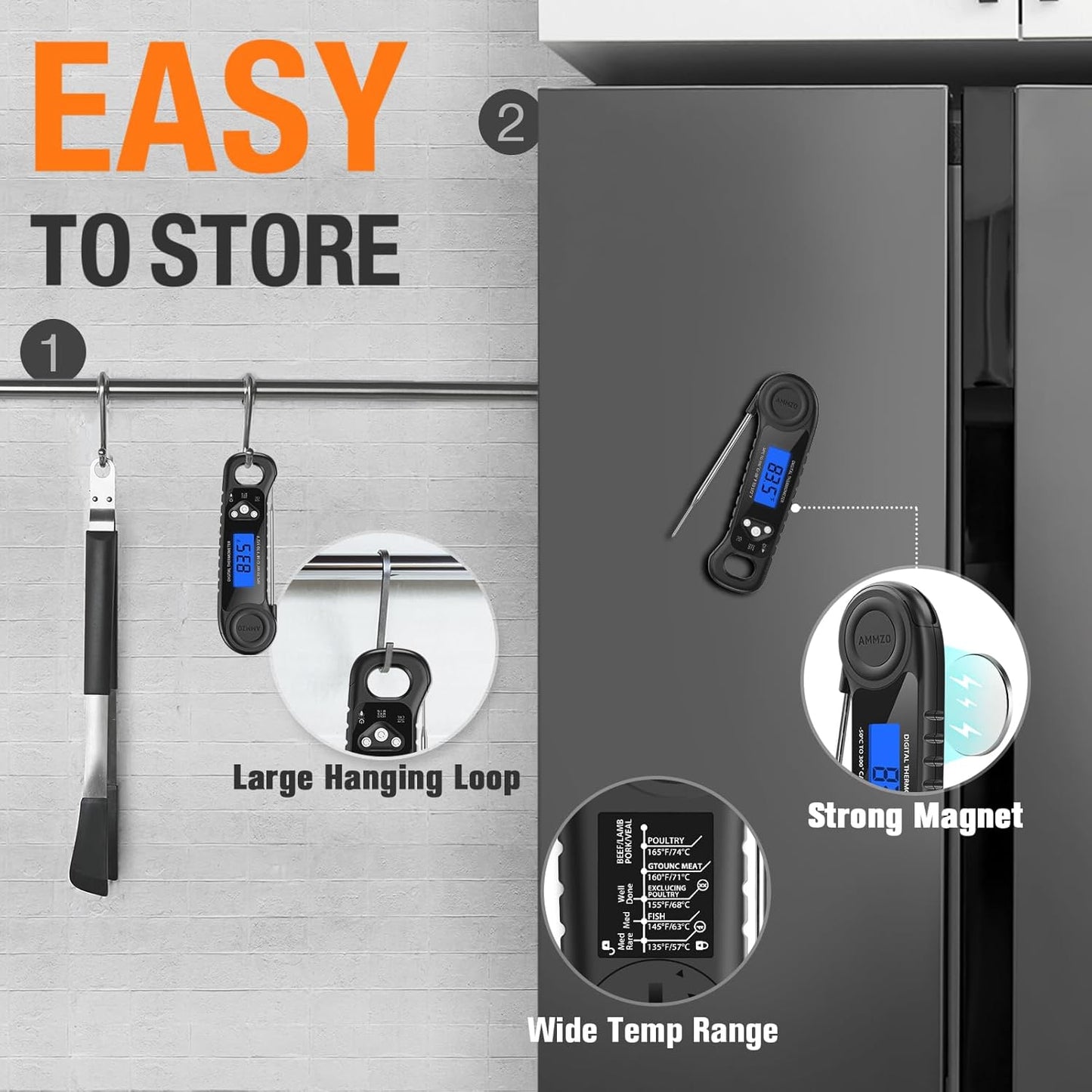AMMZO Meat Thermometer Digital, Instant Read Food Thermometer for Cooking, Grilling, Baking, Frying & Candy