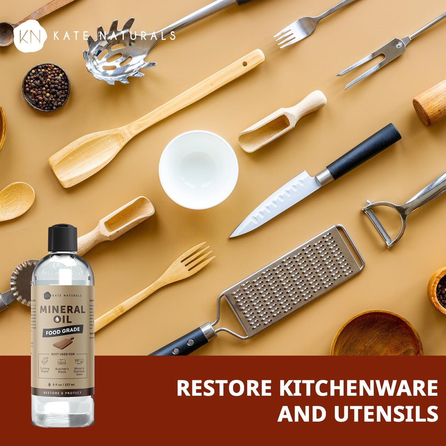 Kate Naturals Mineral Oil for Wood Cutting Board, Butcher Block, and Knife. Food Grade Mineral Oil for Wooden Cutting Board & Utensils