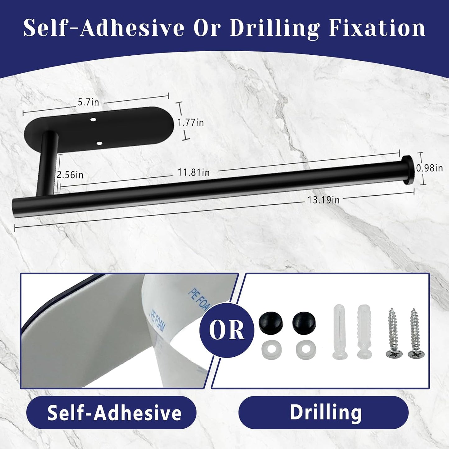 Paper Towel Holder, Self Adhesive or Drilling Paper Towel Holder Under Cabinet, Stainless Steel Black Paper Towel Holders Wall Mount for