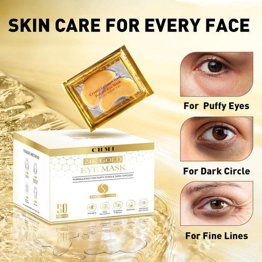 CHMI Under Eye Patches (50 Pairs) - 24K Gold Eye Patches for Puffy Eyes, Dark Circles, EyeBags and Wrinkles, Collagen Skin Care