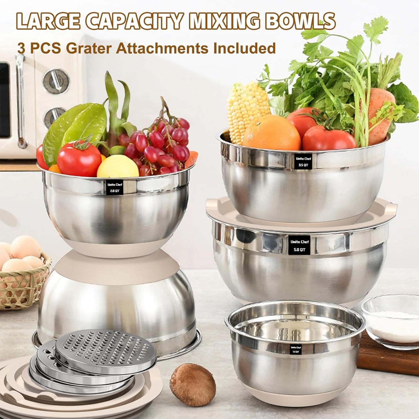 Umite Chef Mixing Bowls with Airtight Lids Set, 8PCS Stainless Steel Khaki Nesting Bowls with Grater Attachments, Kitchen Bowls with Non-Slip