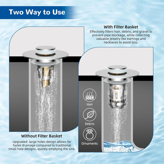 Hibbent Upgraded 3 in 1 Bathroom Sink Drain Strainer, Universal Pop Up Stopper with Removable Stainless Steel Filter Basket Hair