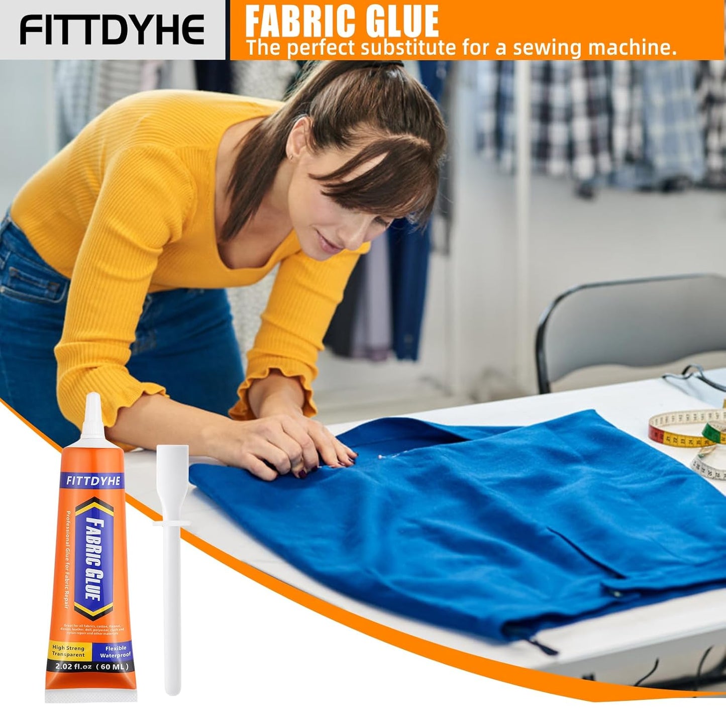 FITTDYHE Fabric Glue Permanent, 60 ML Washable Clear Clothing Glue, Super Fabric Glue for Rhinestones, Patches, Clothes, Denim, Leather