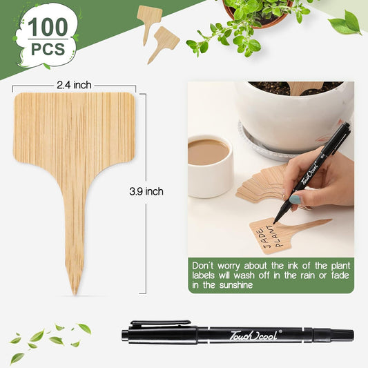 VITEVER 100pcs Plant Labels, T-Type Plastic Tags with Marker Pen, Waterproof Garden Signs for Outdoor Plants (3.9 x 2.4)