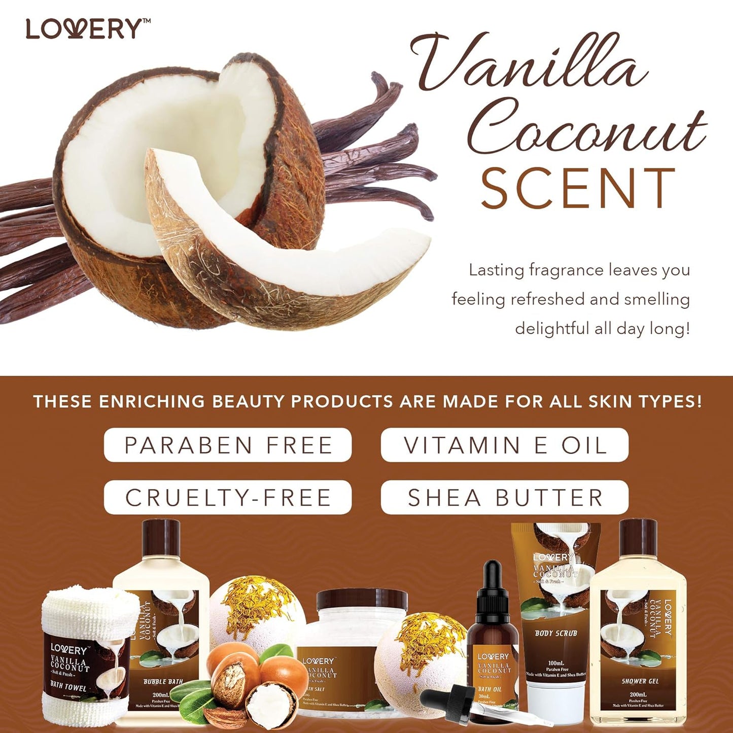Gifts For Women Gift Basket for Women 9 Piece Set of Vanilla Coconut Home Spa Set, Luxurious Gifts for
