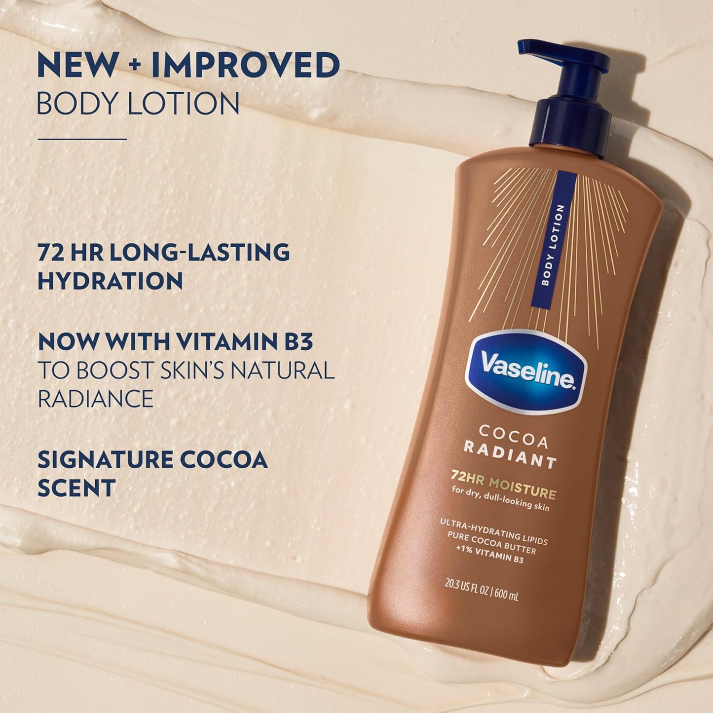 Vaseline Intensive Care Body Lotion Cocoa Radiant 3 count for Dry Skin Lotion Made with Ultra-Hydrating Lipids and Pure Cocoa Butter for a