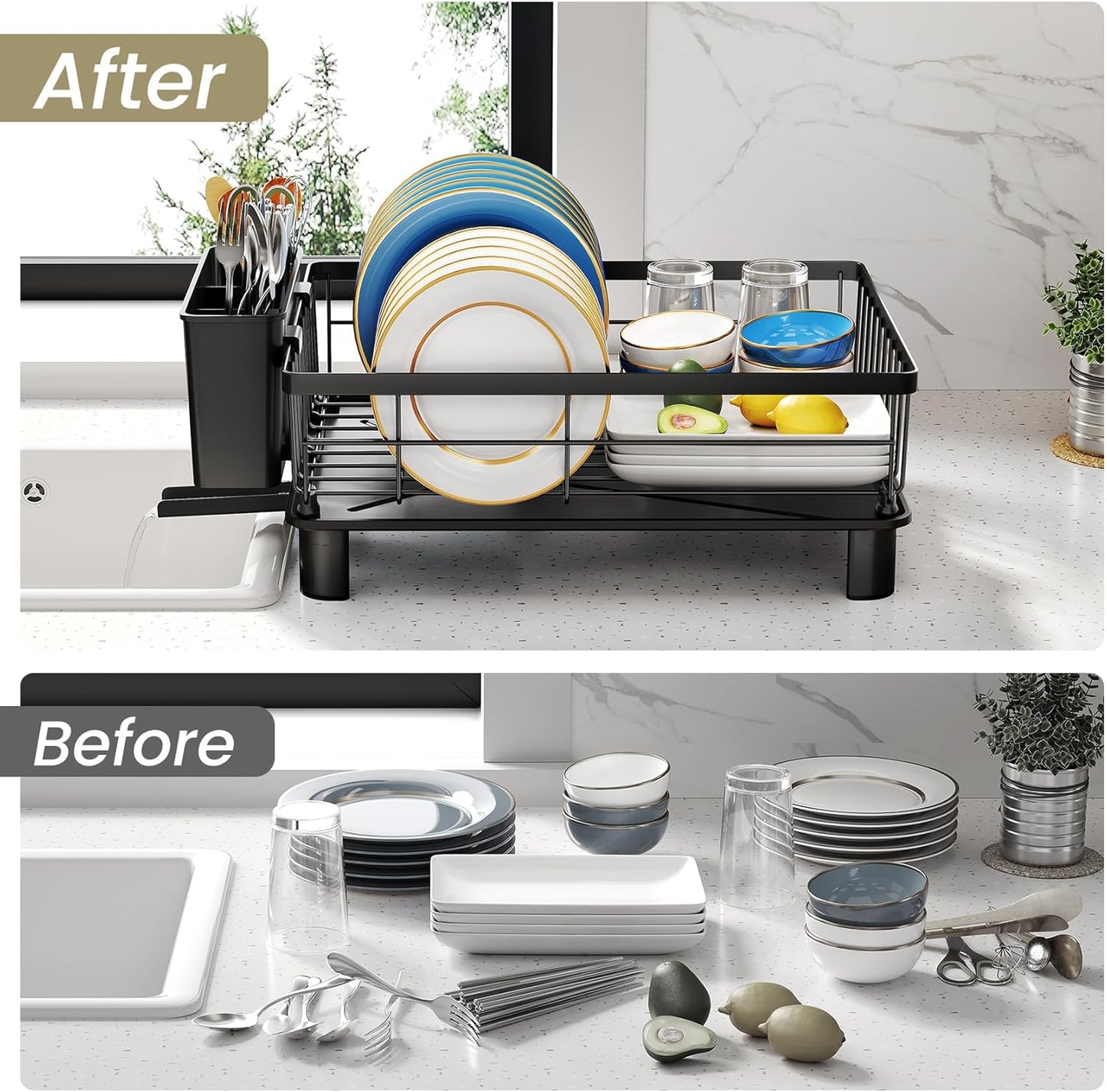 SNTD Dish Drying Rack - Space-Saving Dish Rack for Kitchen Counter, Stainless Steel Dish Drainer with Utensil Holder and