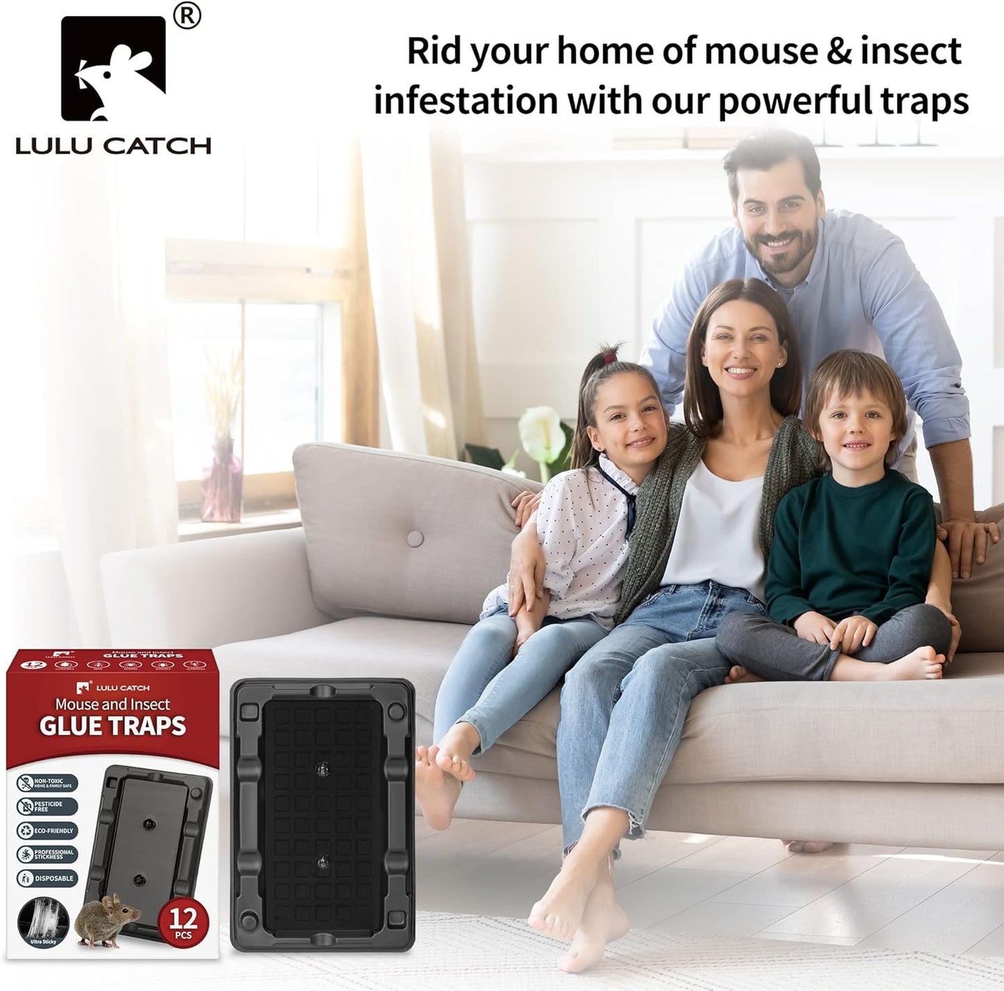 LULUCATCH Mouse & Insect Traps 12 Pack, Heavier Sticky Traps with Non-Toxic Glue for Small Mice & Insects. Sticky Mouse Traps Indoor, Easy to