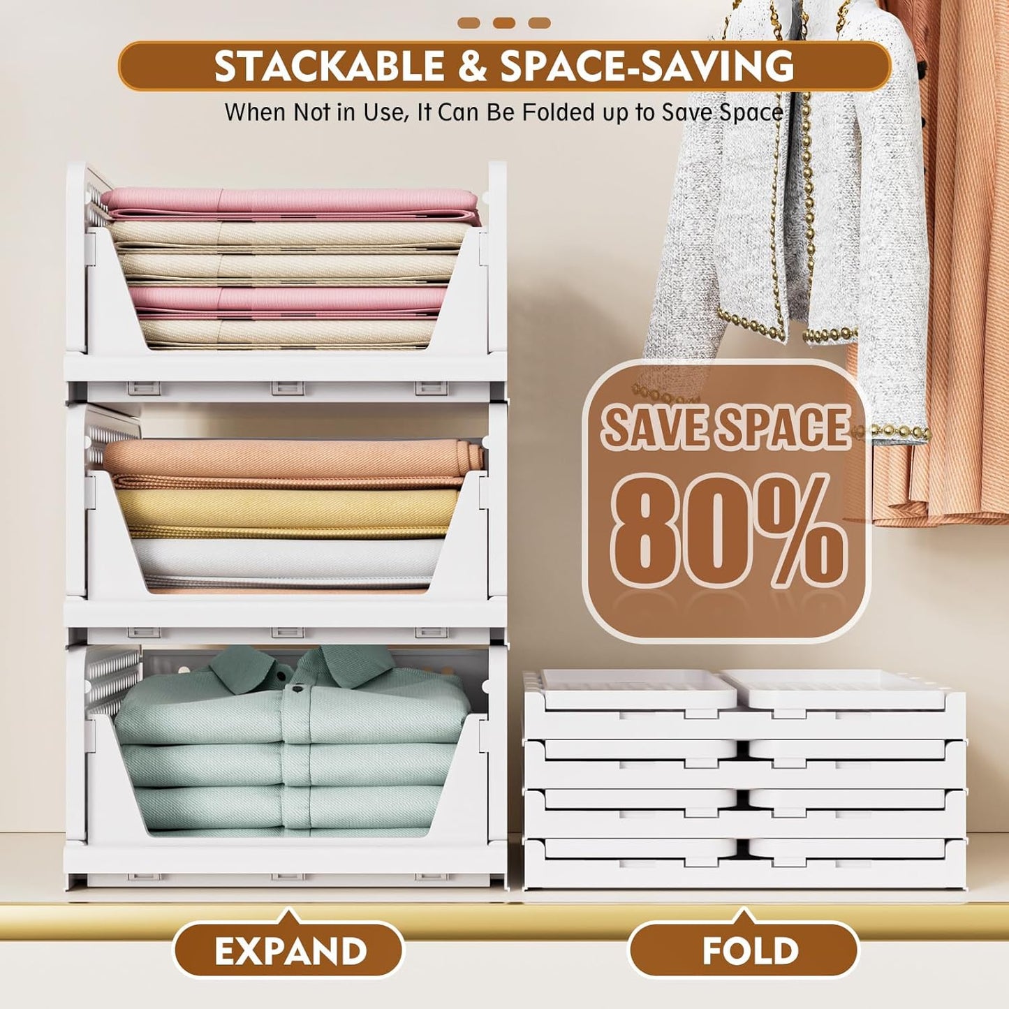 SNSLXH 5 Pack Stackable Closet Storage Basket, Multifunctional & Foldable Closet Organizer for Bathroom Kitchen Laundry Room Wardrobe