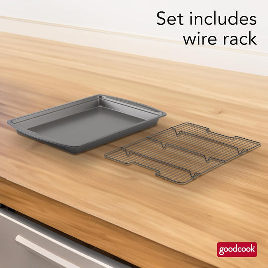 GoodCook 15 x 10.5 Nonstick Carbon Steel Baking Pan & Raised Wire Rack Pizza Crisper, Crispy Bacon, Multipurpose Cooking Sheet Pan, Cooling