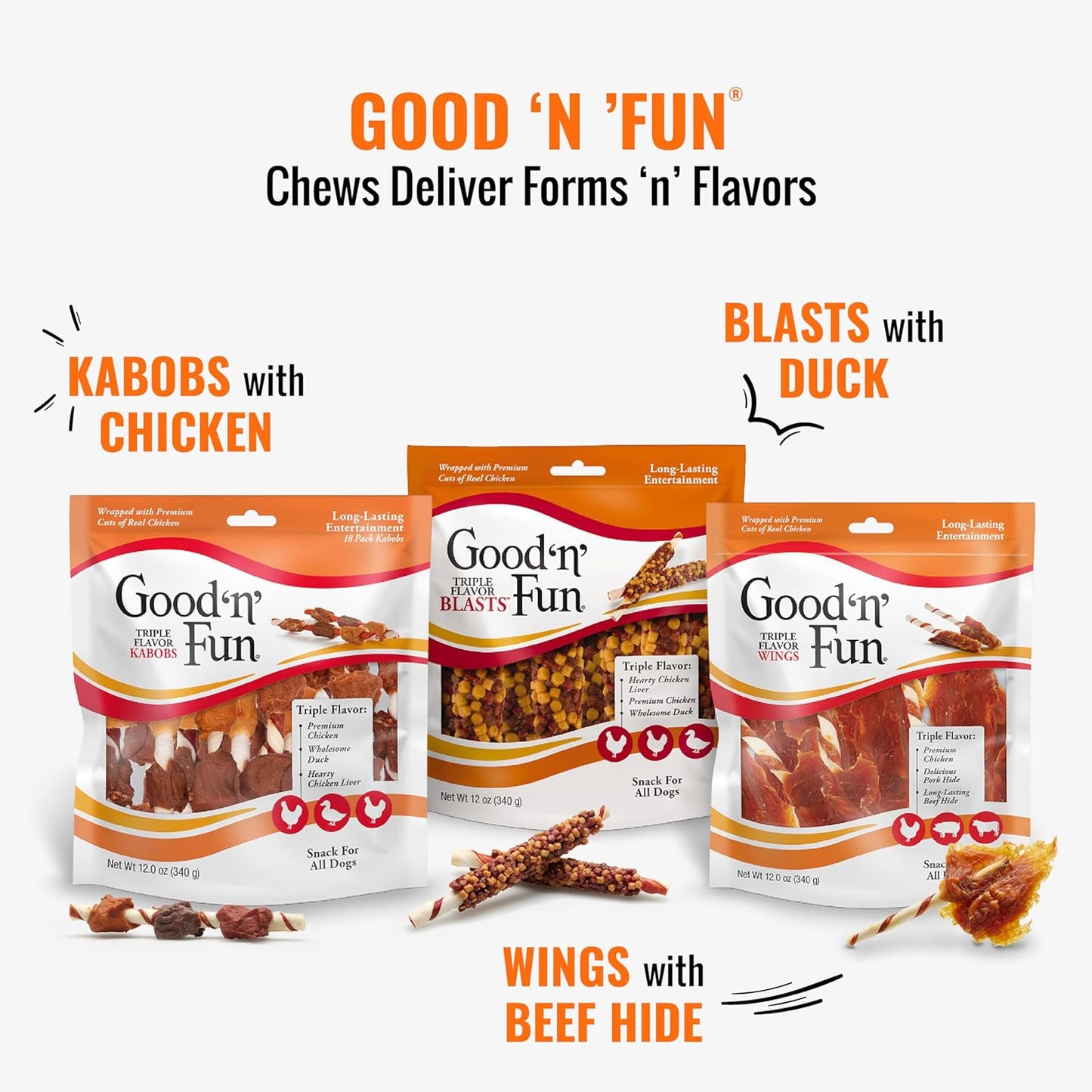 Good n Fun Triple Flavor Wings Chews for All Dogs, 12 Ounces, Treat Your Dog to Long-Lasting Chews Made from Chicken, Pork Hide and Beef Hide
