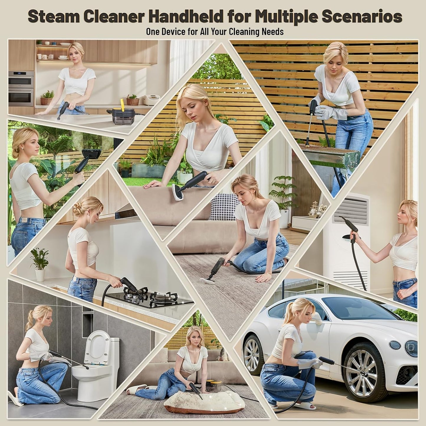 Gautye Steam Cleaner, 3 Level Adjustable Handle, 15s Heat Up, 1.69 Quarts Tank, Portable Steamer for Cleaning with 15 pcs