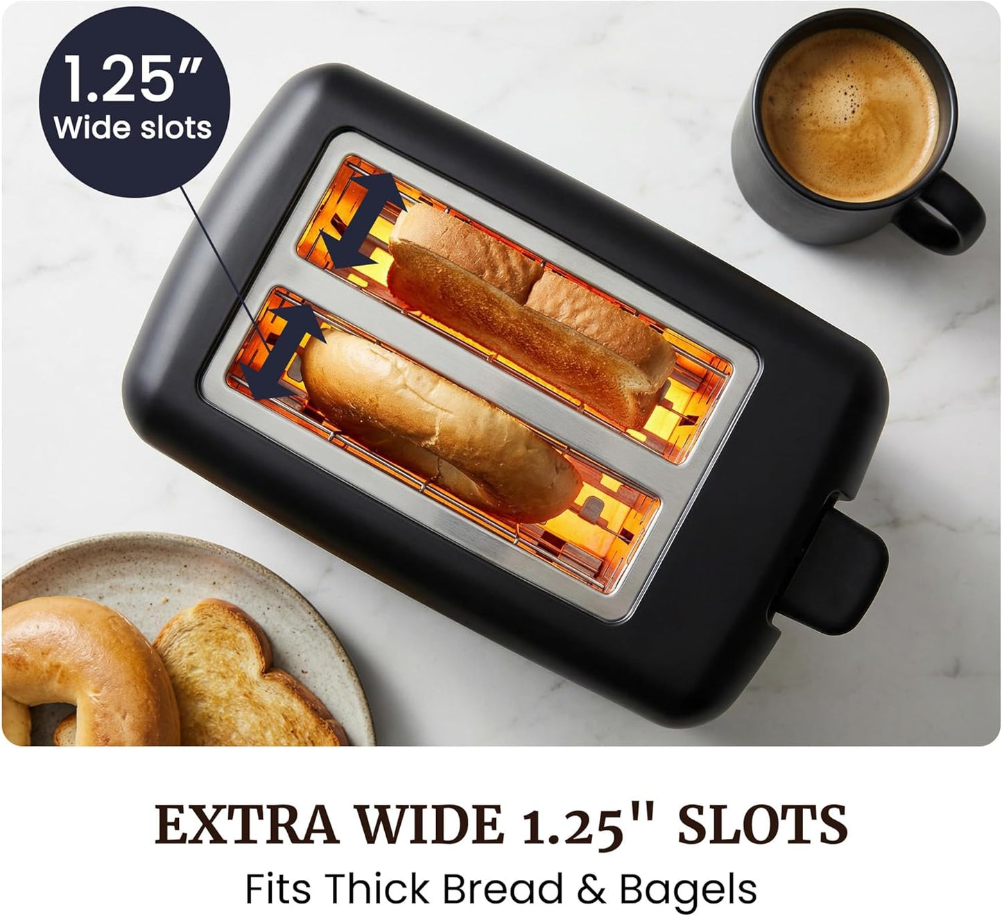 Elite Gourmet 2-Slice Cool Touch Toaster 6 Browning Levels, Extra Wide 1.25 Slots for Bagels & Thick Bread, Cancel Function, Compact, ETL