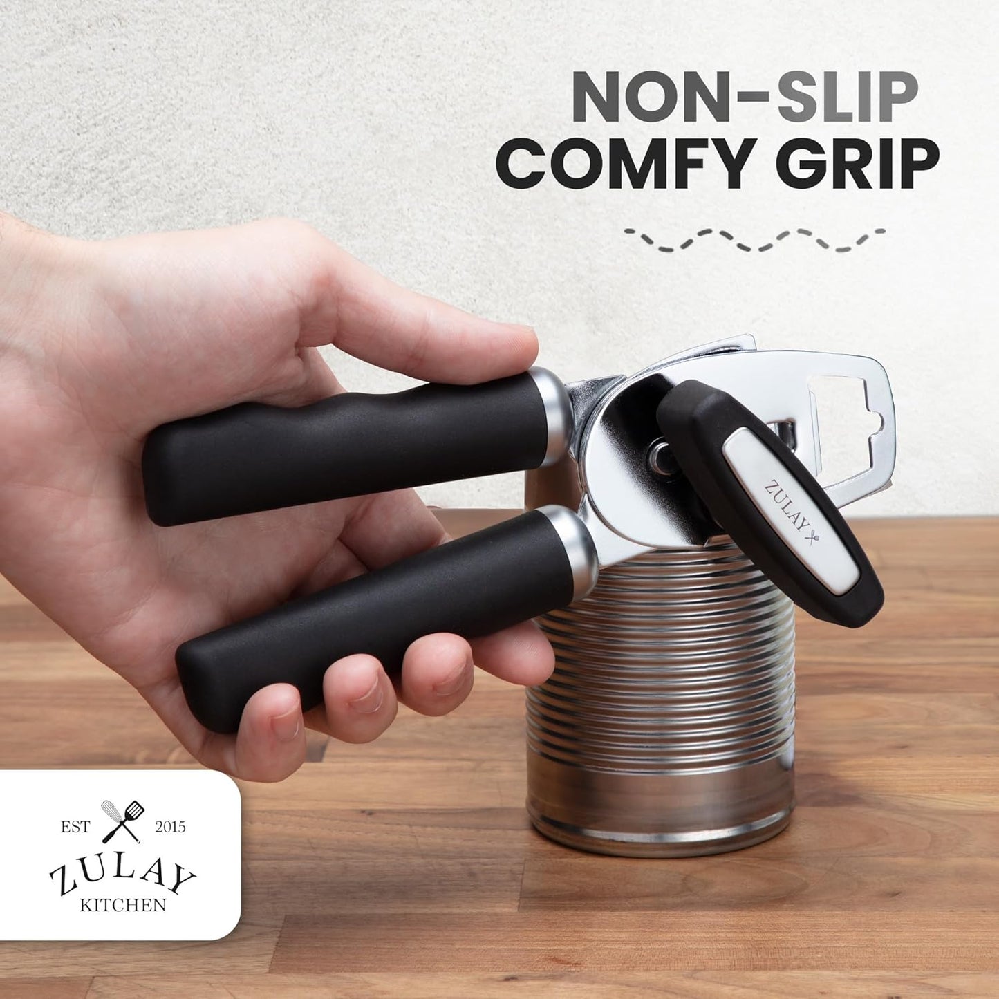 Zulay Kitchen Heavy Duty Stainless Steel Can Opener Manual with Bottle Opener - Rust Proof Manual Can Opener With Turn Knob & Comfy Soft Grip Handles