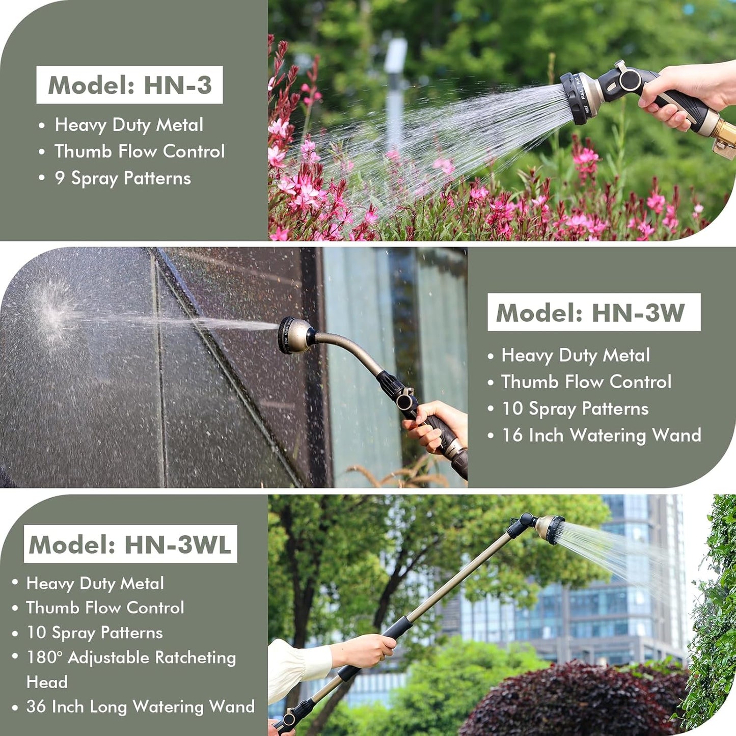 RESTMO Watering Wand Heavy Duty, Metal Garden Hose Wand with 10 Spray Patterns, 15-Inch Long Hose Nozzle Sprayer with Thumb Flow