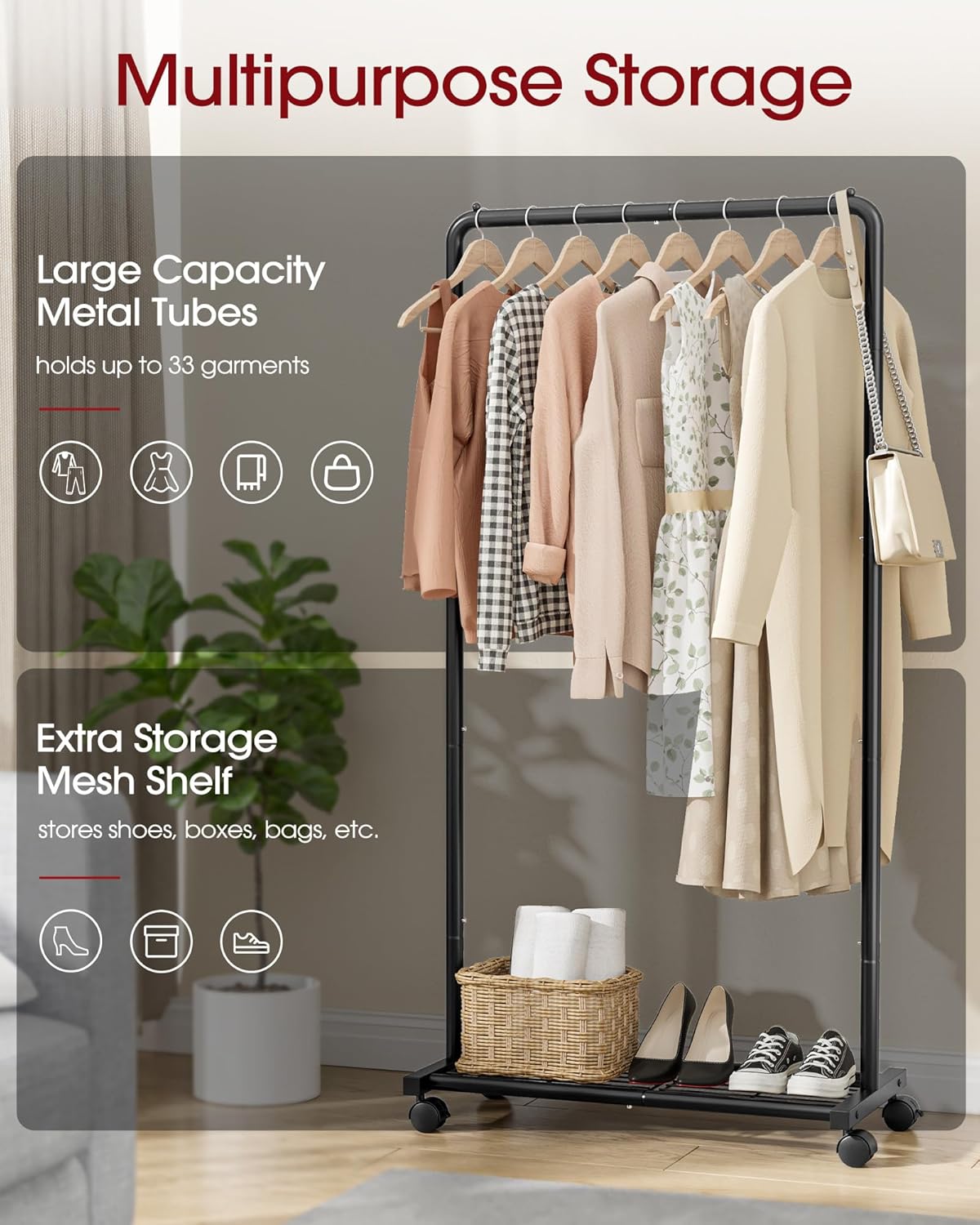 Sakugi Clothes Rack - Clothing Rack with Storage Mesh Shelf & Casters, Heavy-Duty Metal Clothing Rack for Hanging Clothes, Dresses