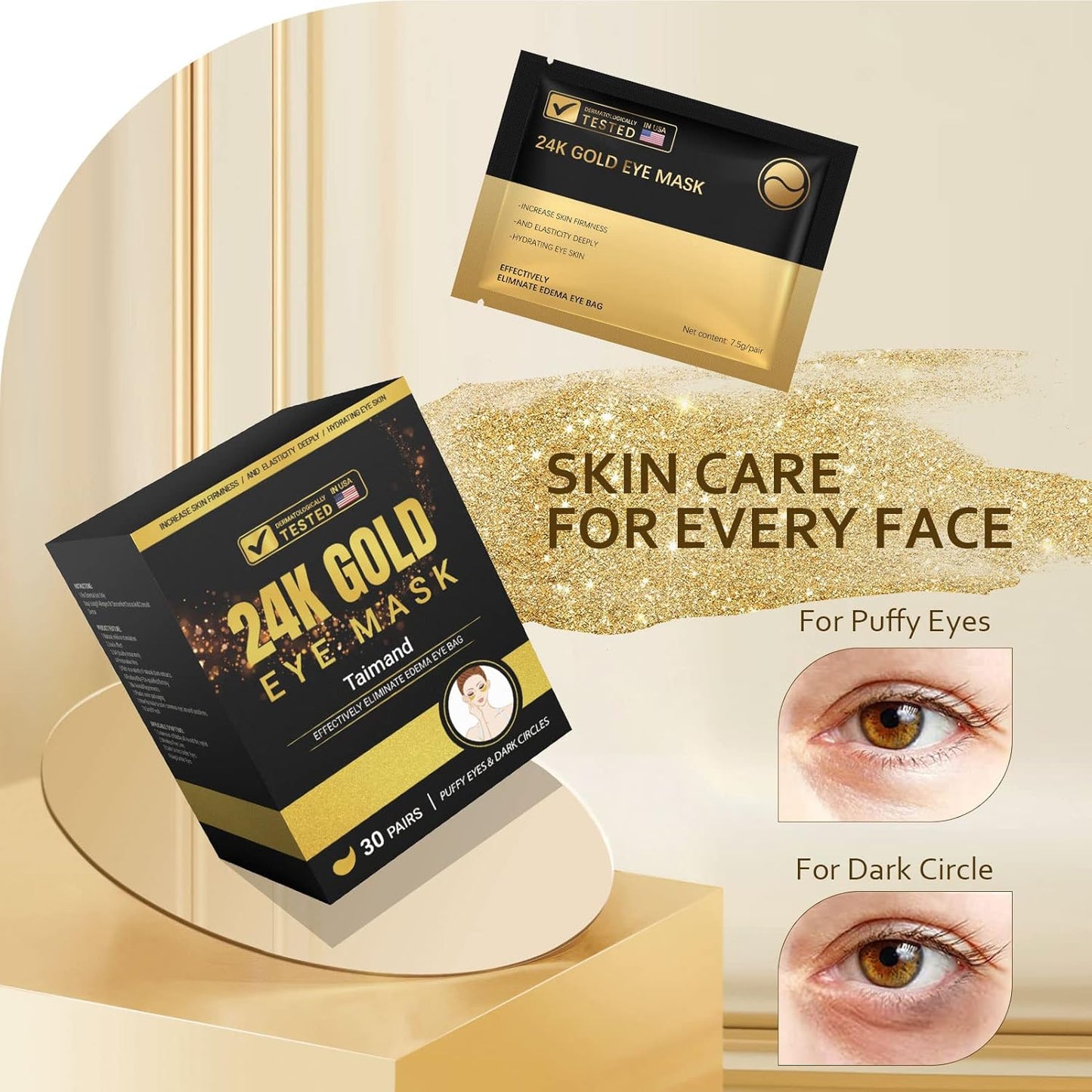 Taimand Under Eye Patches (30 Pairs), 24K Gold Under Eye Mask for Puffy Eyes, Dark Circles,Bags and Wrinkles with