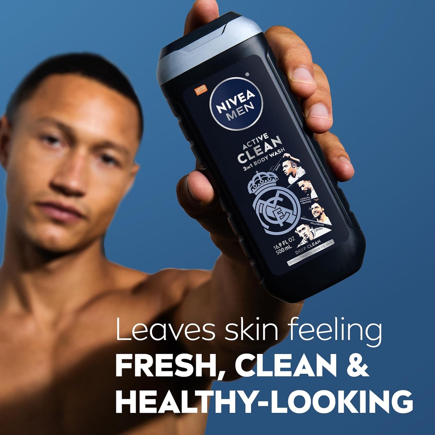 NIVEA MEN Real Madrid Limited Edition Design Active Clean Body Wash with Natural Charcoal for Normal to Oily Skin, 3-in-1 Charcoal Body