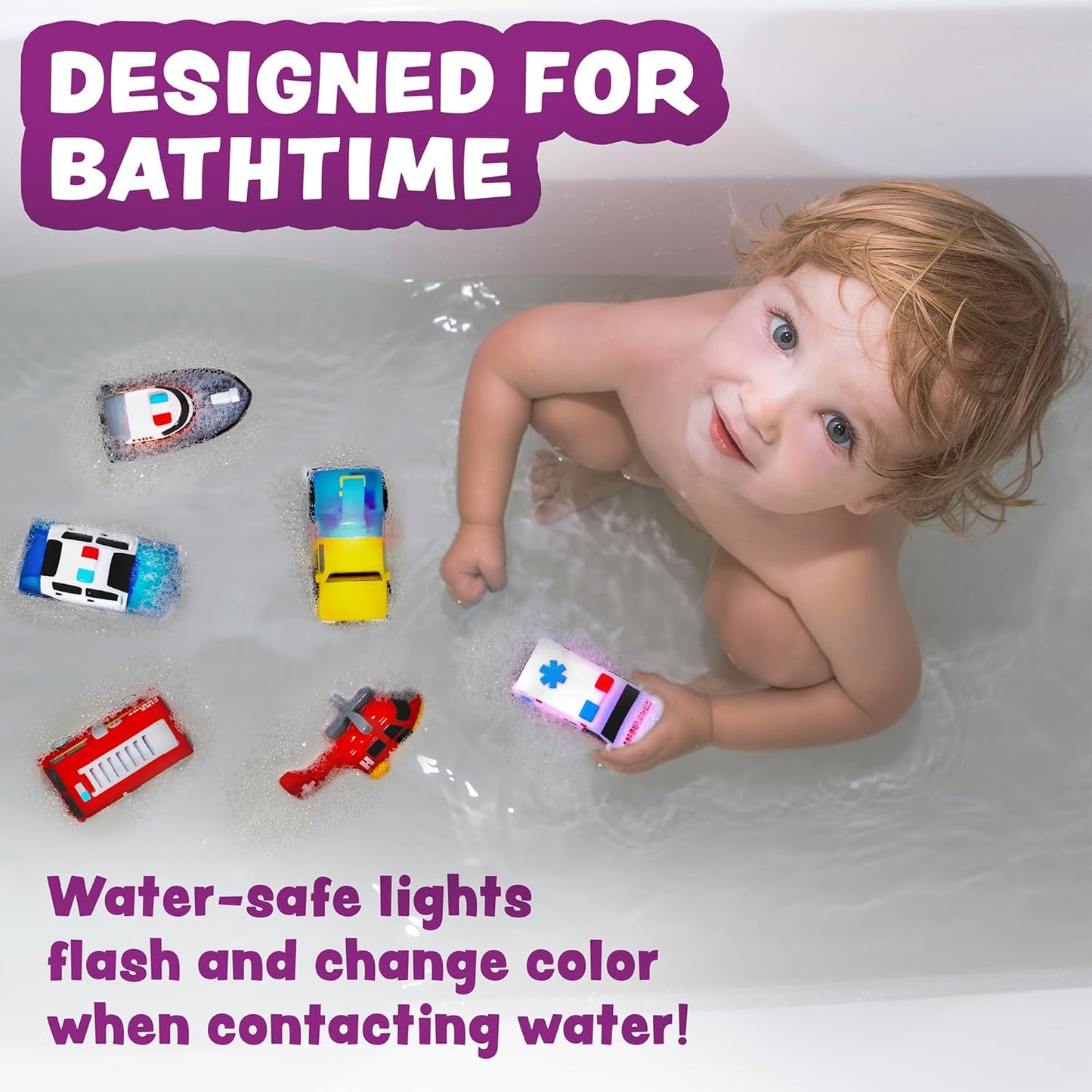 Tub Works Emergency Cars Light Up Bath Toys, 6 Pack, Water-Activated Light Up Toys Flash & Change Color, Soft, Squeezable Baby & Toddler Bath