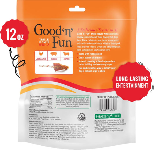 Good n Fun Triple Flavor Wings Chews for All Dogs, 12 Ounces, Treat Your Dog to Long-Lasting Chews Made from Chicken, Pork Hide and Beef Hide