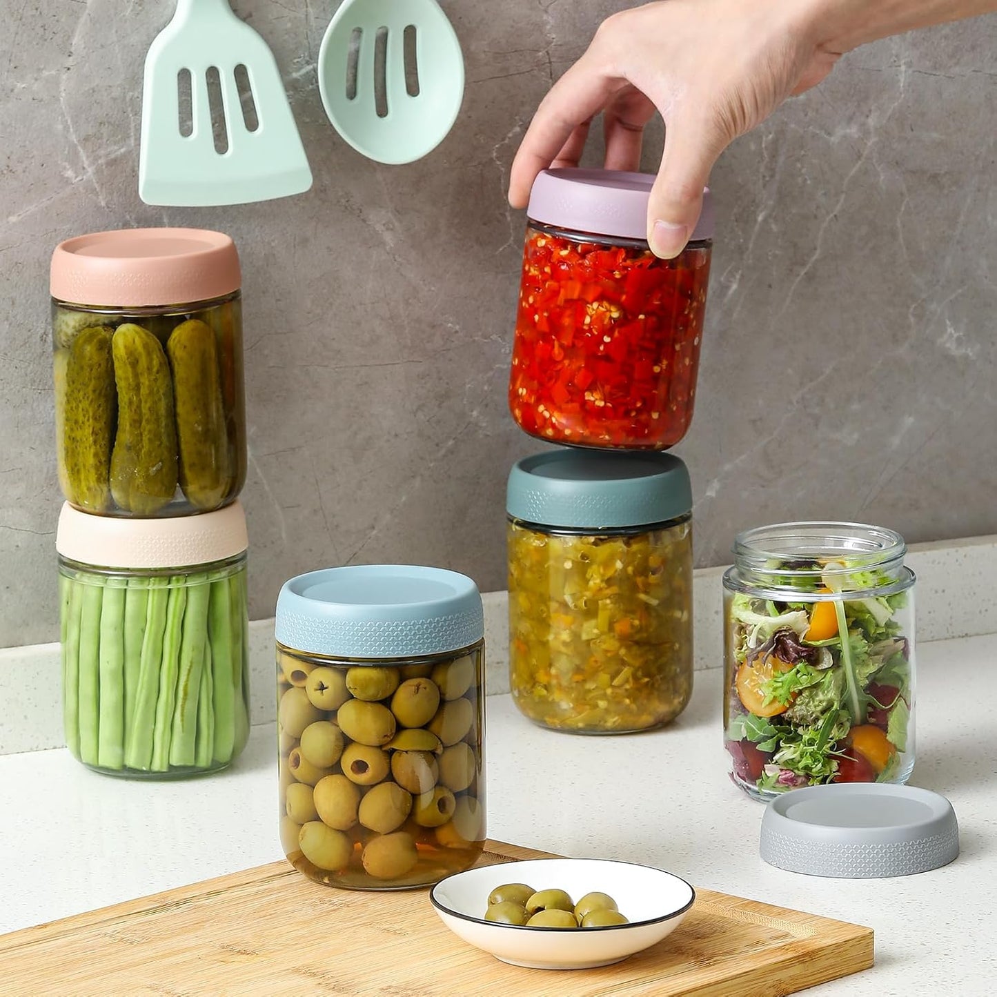 NETANY 6-pack 16 oz Overnight Oats Containers with Lids, Glass jars with Airtight Lids, Wide mouth Mason Salad