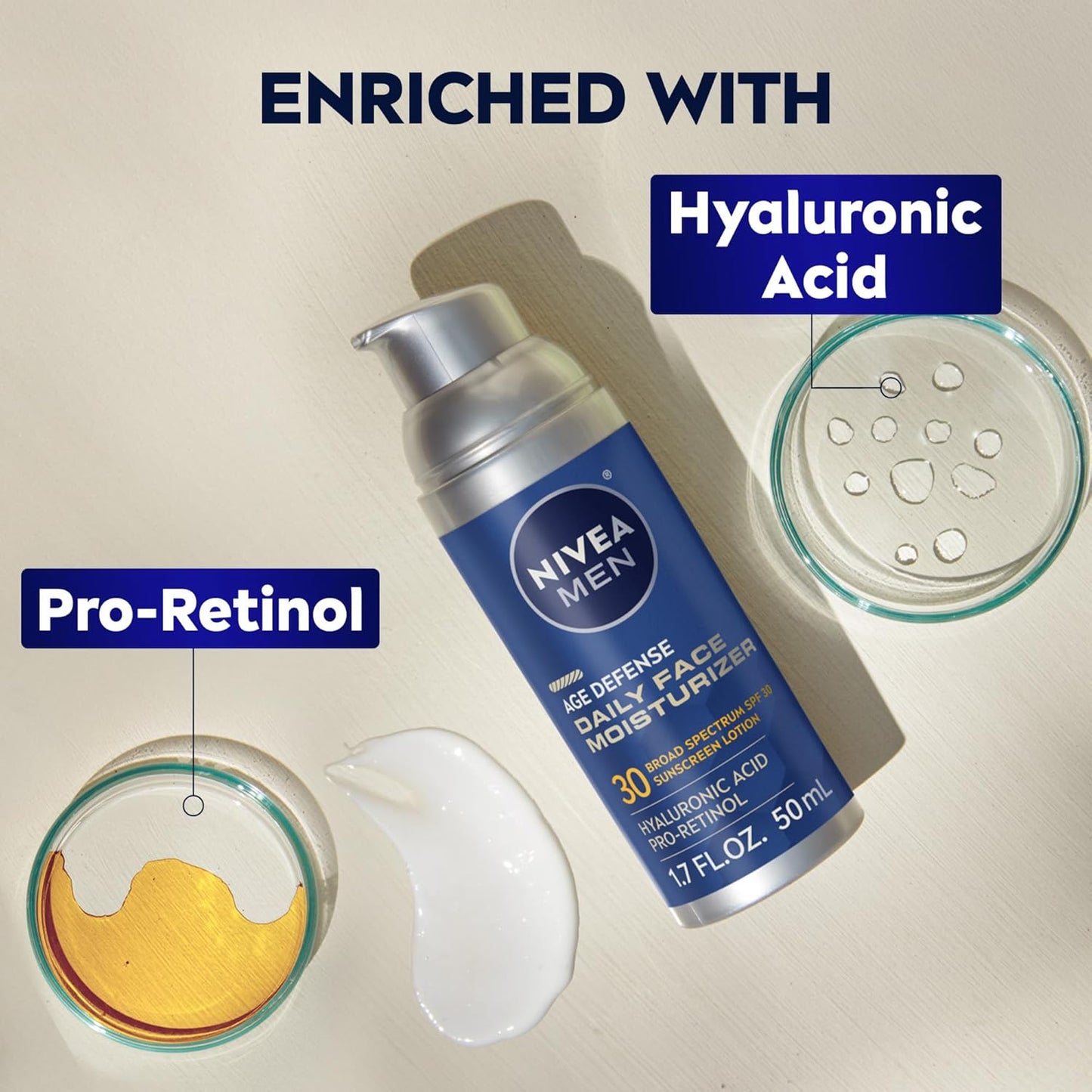 NIVEA MEN Age Defense Daily Face Moisturizer with Broad Spectrum SPF 30 Sunscreen, Pro-Retinol and Hyaluronic