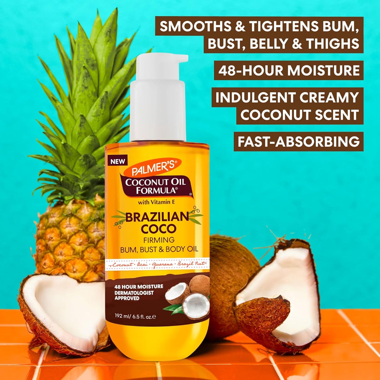 Palmer's Coconut Oil Formula Brazilian Coco Firming Body Oil with Vitamin E, 6.5 Fl Oz, Helps with Skin Tightening & Firming of Bum, Bust &