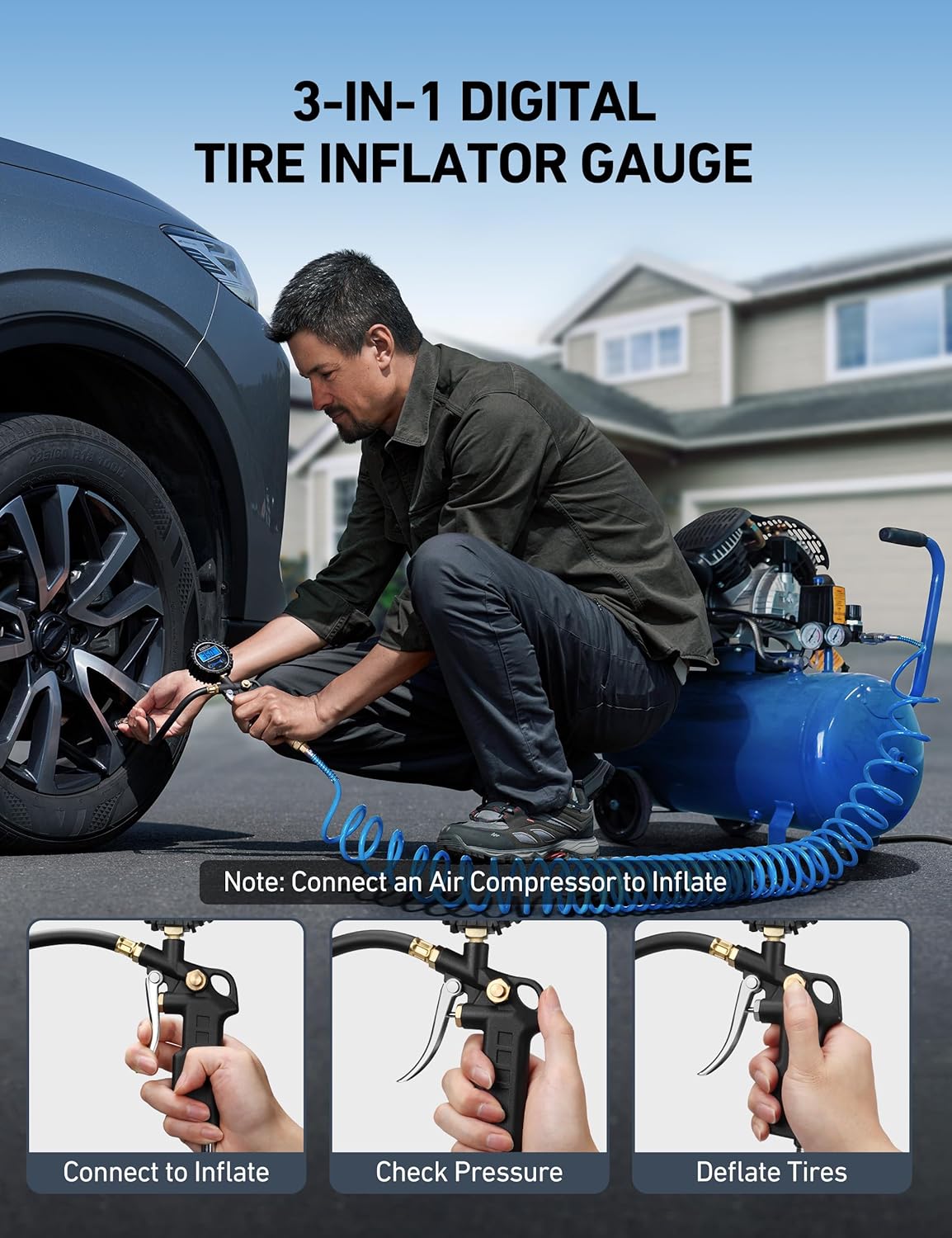 AstroAI Digital Tire Pressure Gauge with Inflator, 3-250 PSI Air Chuck & Compressor Accessories Heavy Duty with Quick Connect